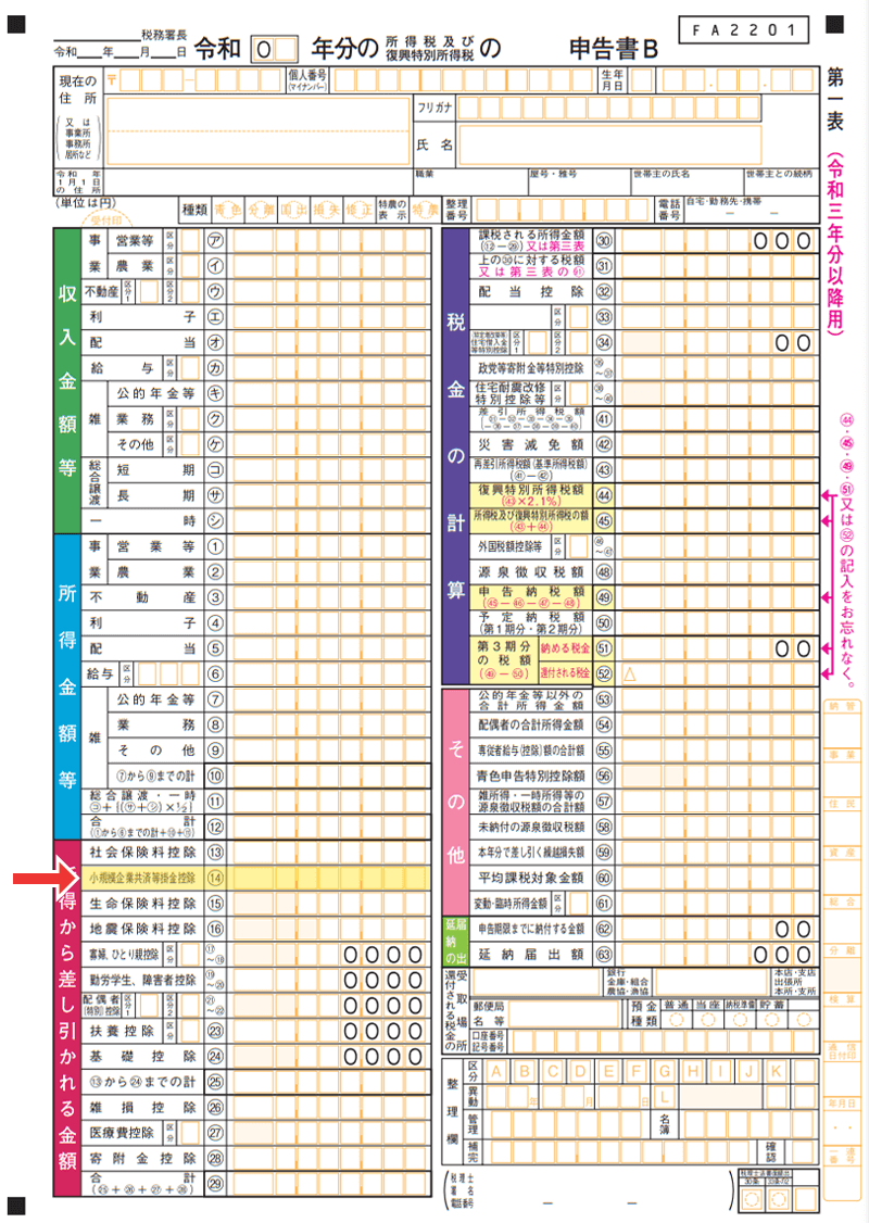 iDeCoの掛金額記入箇所：自営業者等の確定申告の場合①