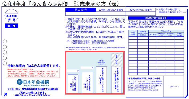 サンプル：令和4年度「ねんきん定期便」50歳未満の方