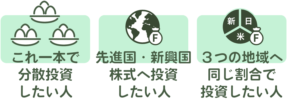 ｅＭＡＸＩＳ Ｓｌｉｍ 全世界株式（３地域均等型）は、以下のようなポイントにあてはまる人に向いているでしょう。
