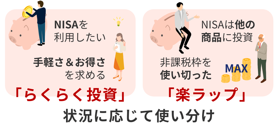 「らくらく投資」と「楽ラップ」状況に応じて使い分けましょう。