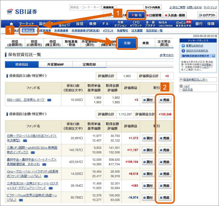 売却ボタンをクリック