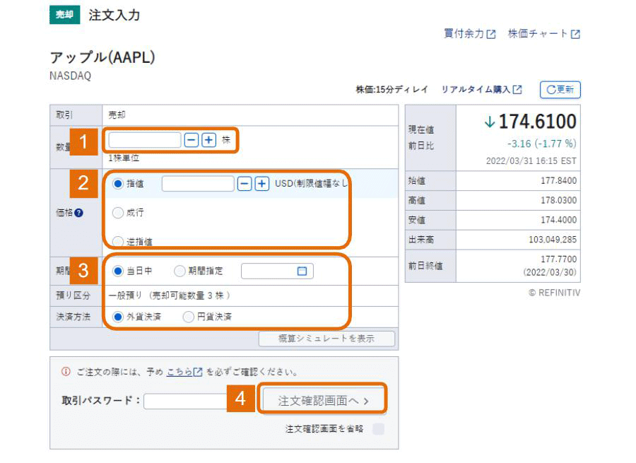 2.数量・価格（指値・成行・逆指値）・期間（当日中・期間指定）・決済方法（外貨決済・円貨決済）を選択