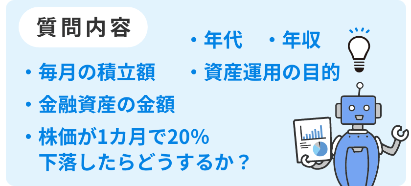 年代、年収、金融資産の金額、毎月の積立額、資産運用の目的、株価が1カ月で20％下落したらどうするか？